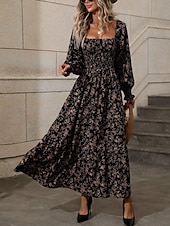 voordelige Bloemenjurken-Dames Maxi-jurk A lijn jurk Casual Dagelijks Normale pasvorm Bloemig Grafisch Lange mouw Vierkante hals Zwart Blozend Roze Lente Herfst