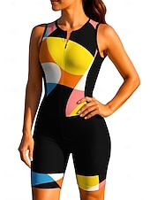 Χαμηλού Κόστους Γυναικεία ρούχα τριάθλου-Γυναικεία Φανέλα ποδηλασίας Ολόσωμη στολή για τρίαθλο Ντάουνιλ Τζέρσεϋ Αμάνικο Καλοκαίρι Άνοιξη Φθινόπωρο Μαύρο / Κίτρινο Γεωμετρικό Καμπύλη Αστείος Ποδήλατο