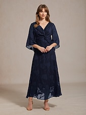 abordables Robe Fleurie-Femmes Robe maxi Robe en Chiffon Élégant Quotidien Vacances robe demoiselle d honneur À lacets Fleuri Manche 3/4 Col en V bleu marine