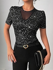 ieftine tricou simplu-Pentru femei Tricou Paiete Plasă Modă fierbinte Sexy Manșon scurt Stil Nautic Rotund Topuri obișnuite Ieșire Sfârșit de săptămână Ținute de petrecere Negru Vară Primăvară