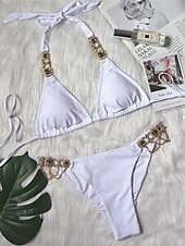 رخيصةأون أطقم البيكيني-ملابس سباحة نسائية بيكيني من قطعتين بظهر غير مغطى للنساء شاطئ العطلات مع تصميم بسيط عنق مزين وبدون أكمام