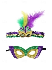 levne Příslušenství-Dámská souprava masky a čelenky na karneval Mardi Gras z polyesteru s flitry – živé barvy s peřím ideální pro karneval a maškarní večírky