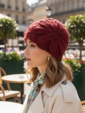 cheap Women's Hats-Women's Red Crochet Flower Bud Hat – Soft and Cozy Knitted Beanie for Winter, Stylish and Warm Accessory for Casual and Outdoor Activities