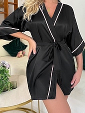 voordelige Rompers voor dames-Dames Loungewear Gewaad Modieus Casual Zacht Heldere kleur Lapwerk Jurken Huis Vakantie Halve mouw V-hals Zwart Blozend Roze Zomer Lente Herfst Ruim Passend