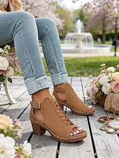 voordelige Hakken Sandalen-Rode damessandalen met dikke hak en ritssluiting, opengewerkt ontwerp, perfect voor tuinfeesten en casual gelegenheden.