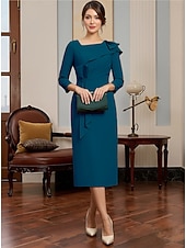 voordelige Thee Lengte-Sheath Column Tea Length Party Dress Cocktail Dress Wedding Guest Dress Mother of the Bride Dress Long Sleeve Square Neck Elegant Minimalist Formal Wedding Guest Stretch Fabric with Ruched Beading