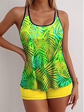 baratos Tankinis-Tankini Feminino de 2 Peças Maiô Palma Alta Sem Costas Férias Praia Vestuário Gráfico Geométrico U Decote Sem Mangas