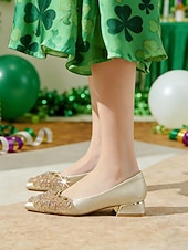 cheap St. Patrick's Day-Women's St. Patrick's Day Green Satin Low Heel Pumps, Pointed Toe Crystal Embellished Dress Shoes, Elegant Vintage-Inspired Comfort Heels for Women, Perfect for St. Paddy's Day Parties