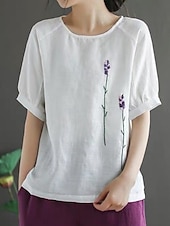 economico Camicie-Per donna Blusa Finto cotone e lino Ricamato Tinta unica Elegante Casual Mezza Manica Girocollo Top Regolari Quotidiano Bianco Giallo Viola Estate Primavera