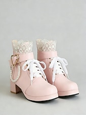 cheap Bride-Women's White Bridal Ankle Boots – Lace-Up Wedding Shoes with Heart and Pearl Decoration, Chunky Heel for Vintage-Inspired Brides