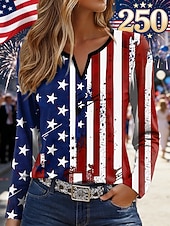  Dia da Independência Aniversário Americano Patriótico Camiseta Feminina Estampa Gráfica Bandeira Vintage Estilosa Moderna Manga Longa Gola Notched Tops Regulares Impressão Diária Fim de Semana Azul