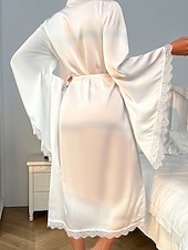 abordables Combinaisons pour femmes-Femmes Robe Occasionnel Doux Satin Couleur Unie Dentelle Quotidien Maison Lit manche longue Col en V Noir Blanche Été Printemps Coupe Ample