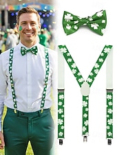  Мужские зеленые подтяжки с изображением клевера и галстук-бабочка, изготовлены из полиэстера, идеально подходят для Дня Святого Патрика, карнавала и повседневной носки.
