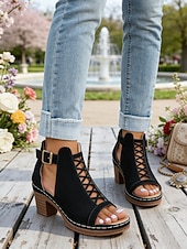 voordelige Hakken Sandalen-Rode damessandalen met dikke hak en ritssluiting, opengewerkt ontwerp, perfect voor tuinfeesten en casual gelegenheden.