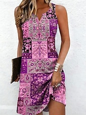 cheap Boho Dress-Women's Mini Dress Shift Dress Sundress Summer Dress Off The Shoulder Dress Vacation Casual Daily Holiday Going out Regular Fit Floral Graphic Tribal Sleeveless V Neck Blue Yellow Purple Summer Spring