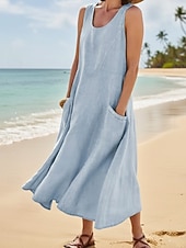 זול שמלות פשוטות-בגדי ריקוד נשים שמלת מקסי שמלת קיץ שמלה עם כיווץ במותן חופשה יום יומי חוף ליציאה מונח בצורה רפויה צבע אחיד גראפי ללא שרוולים צווארון צווארון כחול בהיר לבן סגול כתום קיץ אביב