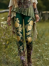 economico -Per donna Leggings Leggings comodi Vacanza Vintage Casual Lunghezza intera Vita Alta Floreale Grafico Stampa Comodità Confortevole Alta elasticità Casuale Quotidiano Vacanza Marrone scuro Marrone