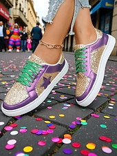 Недорогие Ботинки женские-Женские блестящие кроссовки для Марди Гра с цветными металлическими панелями искристая обыкновенная обувь на завязках для карнавальных парадов вечеринок и уличных костюмов