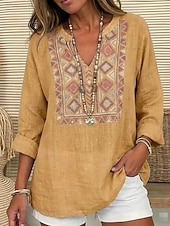 abordables Arte &amp; Diseño Blusas-Mujer Camisa Sayo Estampado Graphic Geométrico Vintage Diario Elegante Manga Larga Escote en Pico Tops regulares Diario Festivos Amarillo Verano Primavera