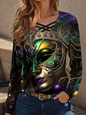 tanie Odzież damska na karnawał-Karnawał Mardi gras Damskie Podkoszulek Z wycięciem Nadruk Graficzny Abstrakcja Zabytkowe Elegancki Klasyczny Długi rękaw W serek Zwykłe topy Codzienny Czarny Zielony Wiosna Jesień