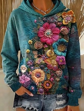 billiga Blommiga Huvtröjor-Dam Pullover Hoodie Sweatshirt Lappverk Mönster Framficka Blommig Grafisk Vintage Ledigt Långärmad Huva Vanliga toppar Ledigt Gata Vardag Purpur Brun Grön Vår Vinter