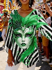 ieftine Îmbrăcăminte pentru femei Mardi Gras-Bluză pentru femei Carnaval Grafic Stripe Abstract Vintage Stylish Casual cu Mâneci 3/4 Gât în formă de V Bluză Regulată U street Dailywear Print Galben Roșu Mov Portocaliu Verde Primăvara Toamna