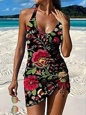 Χαμηλού Κόστους Τανκίνι-Γυναικεία Μαγιό τανκίνι Φούστα Μαγιό Κομψό Διακοπές Φλοράλ Γραφική Λαιμόκοψη V Αμάνικο Μαγιό