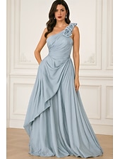 abordables Vestidos de Noche en A-Corte A Hasta el Suelo Vestidos de noche Elegante Sedoso Sin Mangas Un Hombro Boda Formal Bolsillo Satén con Flores 3D Bolsillo