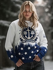  بلوزة للنساء الوطنية بمناسبة عيد الاستقلال بزخارف زهرية دافئة نشطة عتيقة بأكمام طويلة وفتحة عنق دائرية عادية يومية مطبوعة زرقاء ربيعية خريفية شتوية