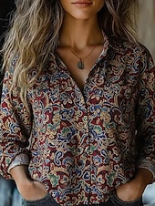 preiswerte Boho Tops-Damen Hemd Boho-Hemd Knöpfe Druck Blumen Vintage Stilvoll Ethnisch Langarm Hemdkragen Normale Oberteile Täglich Ferien Ausgehen Wein Khaki Frühling Herbst
