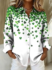 billiga Blommiga blusar-Saint Patrick's Day Dam Blus Knappar Mönster Grafisk Vitklöver Vintage Stylish Ledigt Långärmad Tröjkrage Vanliga toppar Dagligen Arbete Svart Vit Ljusgrön Grön Sommar Vår Vinter