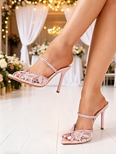 preiswerte Brautjungfer-Rosa Damen-Stilettos mit Spitze – elegante offene Pantoletten mit Strassriemen, romantisch-festlicher Stil, perfekt für Brautjungfern bei Hochzeiten