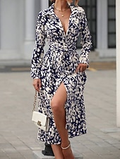 cheap Art&amp;Design Dress-Women's Midi Dress A Line Dress Summer Dress Casual Daily Regular Fit Graphic Leopard Long Sleeve Lapel Navy Fuchsia Green Spring
