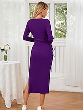 cheap Women-Women's long sleeve square neck waist pleat one side slit ribbed long dress