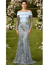  Mermaid Trumpet Sweep Brush Train Beaded Eembroidered Formal Dresses Mother of the Bride Dress Prom Dresses Evening Gown Ball Gown Formal Dress Elegant Celebrity Style Sparkle Long Sleeve Off Shoulder