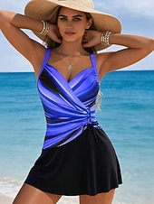 Недорогие Плавающие-Жен. Купальники Купальники Высокий вырез купальник Рюши Отпуск Винтаж Омбре Графика V-образный вырез Без рукавов Купальники