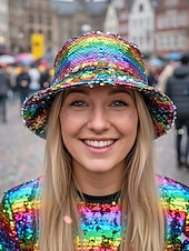 billiga Tillbehör-Kvinnors flerfärgad vändbar paljetthatt för Mardi Gras - glänsande diskokostymtillbehör för karneval rave och maskerad