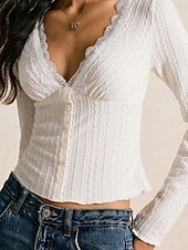 お買い得  レーストップ-女性用 ブラウス ドレッシーなトップス フリル レース パッチワーク 平織り エレガント ヴィンテージ 日常 長袖 Ｖネック レギュラートップス 日常 ワーク 祝日 アプリコット 春 秋