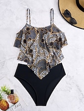 Χαμηλού Κόστους Τανκίνι-Γυναικείο Tankini 2 τεμαχίων Μαγιό Λεοπάρ Briefs Έλεγχος Κοιλιάς Ψηλή Μέση Αδύνατο Ανοιχτή Πλάτη Διακοπές Παραλία Floral Scoop Neck Άνευ Μανικιών Μαγιό
