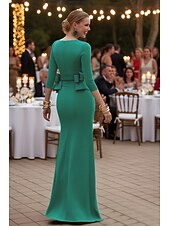 voordelige Schoen Avondjurken-Strak kolom Tot de grond Chiffon Formele kleding Elegant 3/4 mouw V-hals Formeel Bruiloft gast Stretch crêpe met Plooien Bandjes