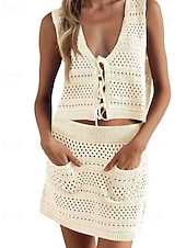 お買い得  ビーチドレス-女性用 スイムウェア 2ピース スカート 水着 切り抜き ニット 旅行度假风 ビーチウェア 平織り Ｖネック ノースリーブ 水着