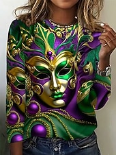 levne Dámské Mardi Gras Oblečení-Karnavalové dámské tričko s potiskem grafika geometrické vintage stylové moderní dlouhý rukáv klasický výstřih běžné topy denní víkendový potisk purpurová léto jaro