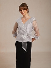  Dame Dressy topper Rynket Illusjon Helfarge Elegant 3/4 ermer V-hals Vanlige topper Bryllupsgjest Cocktail antrekk lysegrå Sommer Vår Høst
