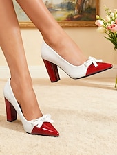 voordelige Pumps met blokhak-Dames tweekleurige groene en witte blokhak pumps - spitse neus met strikdetail, vintage chique stijl schoenen uit de jaren 50 voor werk, feestjes en dagelijkse outfits