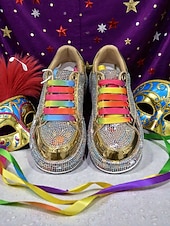 halpa Naisten kengät-Naisten Mardi Gras sateenkaari rhinestone-lenkkarit metallinhohtoisilla kultaisilla yksityiskohdilla – Rohkeat ja kimaltelevat täydelliset karnevaaleihin naamiaisjuhliin festivaaleille ja katutyylille