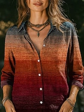 Χαμηλού Κόστους Λουλουδάτες μπλούζες-Γυναικεία Πουκάμισο Μπλούζα Κουρελού Κουμπιά Στάμπα Ombre Γραφική Γεωμετρικό Βίντατζ Καθημερινό Μακρυμάνικο Κολάρο Πουκαμίσου Κανονικά μπλουζάκια Καθημερινά Θαλασσί Πορτοκαλί