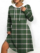preiswerte Sweatshirt- und Hoodie-Kleider-Damen Minikleid Kapuzenkleid Freizeitkleid Elegant Mode Modern Täglich Outdoor Wochenende Normale Passform Karomuster Langarm Mit Kapuze Blau Purpur Grün Frühling Herbst