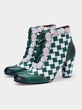 abordables Chaussures de femme-Bottes à talons à carreaux verts pour femmes – Style de carnaval vintage avec détails en dentelle parfaites pour le carnaval les festivals et les soirées costumées
