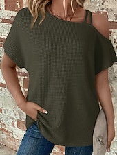 abordables Camiseta lisa-Mujer Camiseta Color sólido Vintage Elegante Manga Corta Cuello asimétrico Tops regulares Diario Noche Fin de semana Negro Blanco Rosa Caqui Verano Primavera
