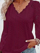 baratos Tops de Renda-Mulheres Blusa Tops de renda Renda Patchwork Tecido Ativo à moda Manga Longa Decote V Tops regulares Diário Feriado Para Noite Branco Rosa Vinho Azul Claro Verão Primavera